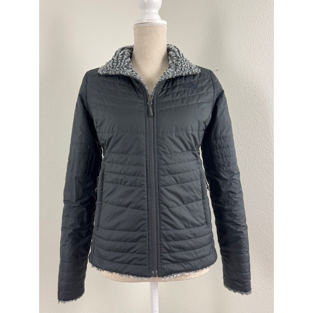 The North Face Womens XS Reversible Mossbud Swirl Jacket Black Grey Full Zip